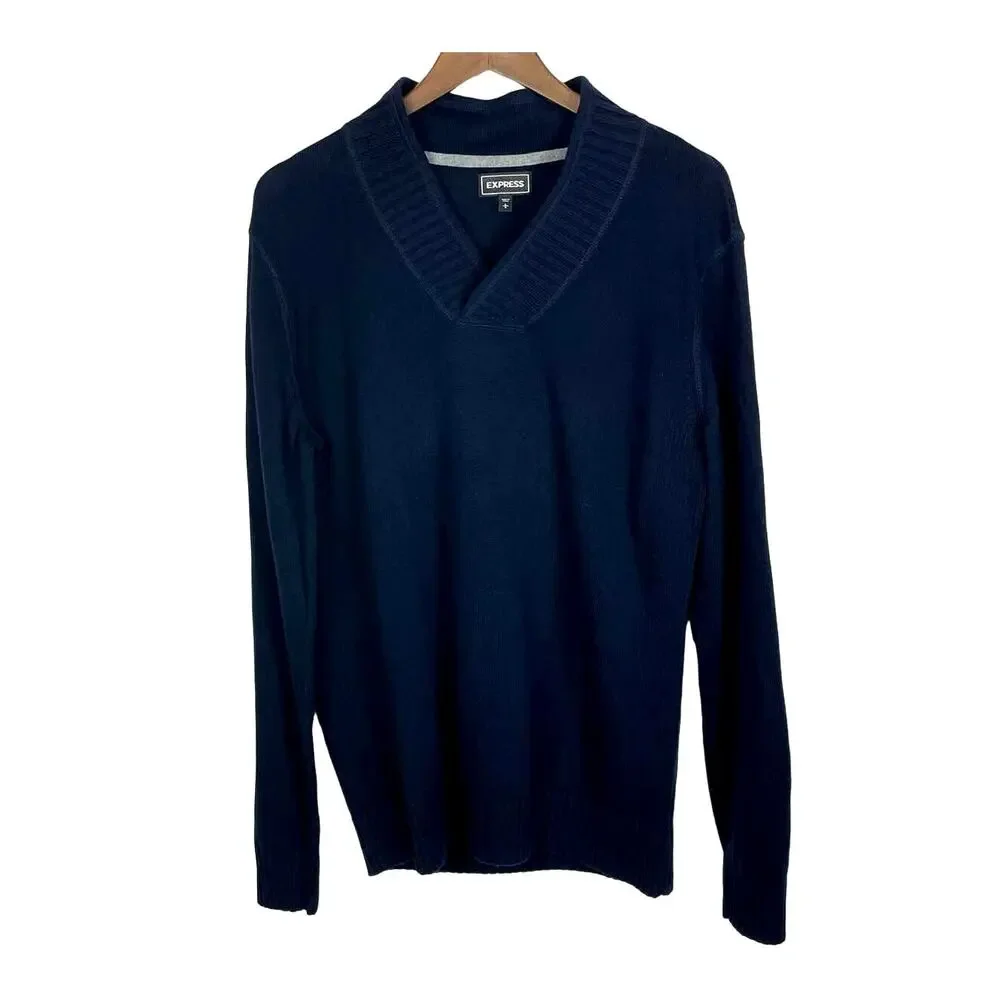 Express | Men's Navy Blue Ribbed V-neck Long Sleeve Cotton Knit Sweater